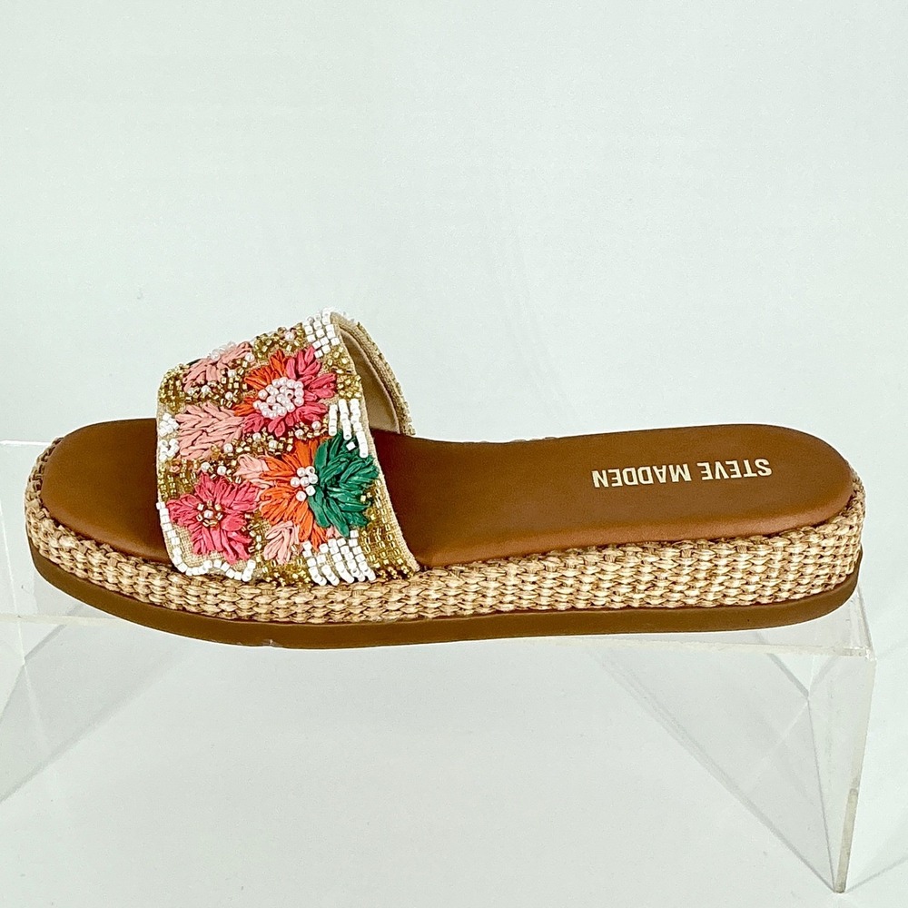 Steve Madden Size 8.5 Beaded Floral Raffia Platform Slide Sandals NEW Boardwalk - Picture 7 of 11